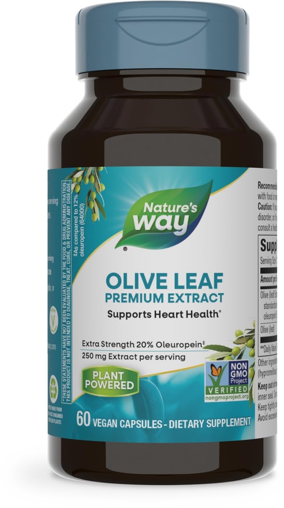 Nature's Way Olive Leaf, Premium Extract, Unterstützt Herzgesundheit*, 20% Oleuropein, 250 mg pro Portion, Non-GMO Project Verified, 60 Vegan Capsules (Packaging May Vary)