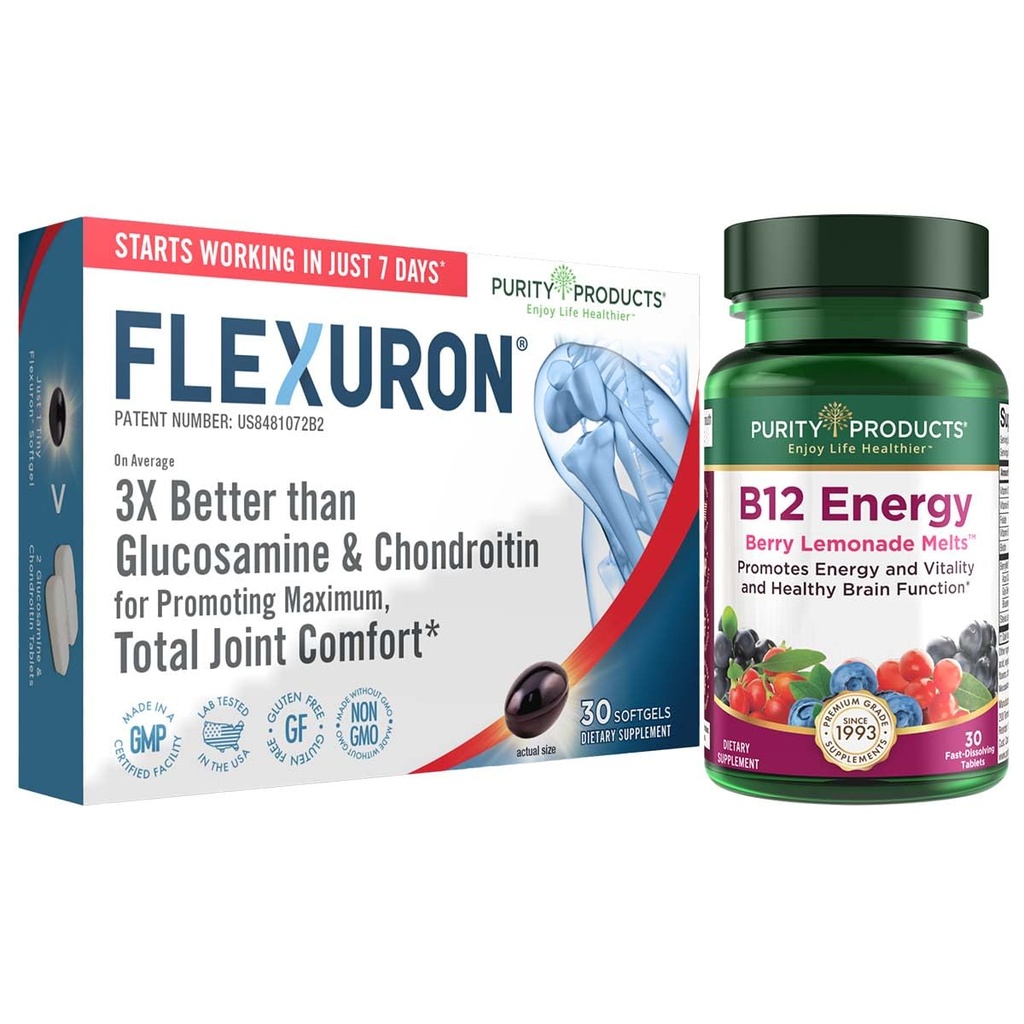 Produits de pureté Flexuron Formule de joint + B-12 Energy Melt Flexuron (huile de krill, acide hyaluronique à faible poids moléculaire, astaxanthine) - B12 Energy Melt (méthylcobalamine B12, vitamine D3, biotine +Plus)