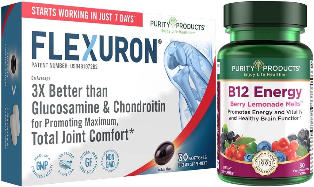 Purity Products Flexuron Joint Formula + B-12 Energy Melt Flexuron (Krillöl, geringe Molmasse Hyaluronsäure, Astaxanthin) - B12 Energy Melt (Methylcobalamin B12, Vitamin D3, Biotin +Mehr)