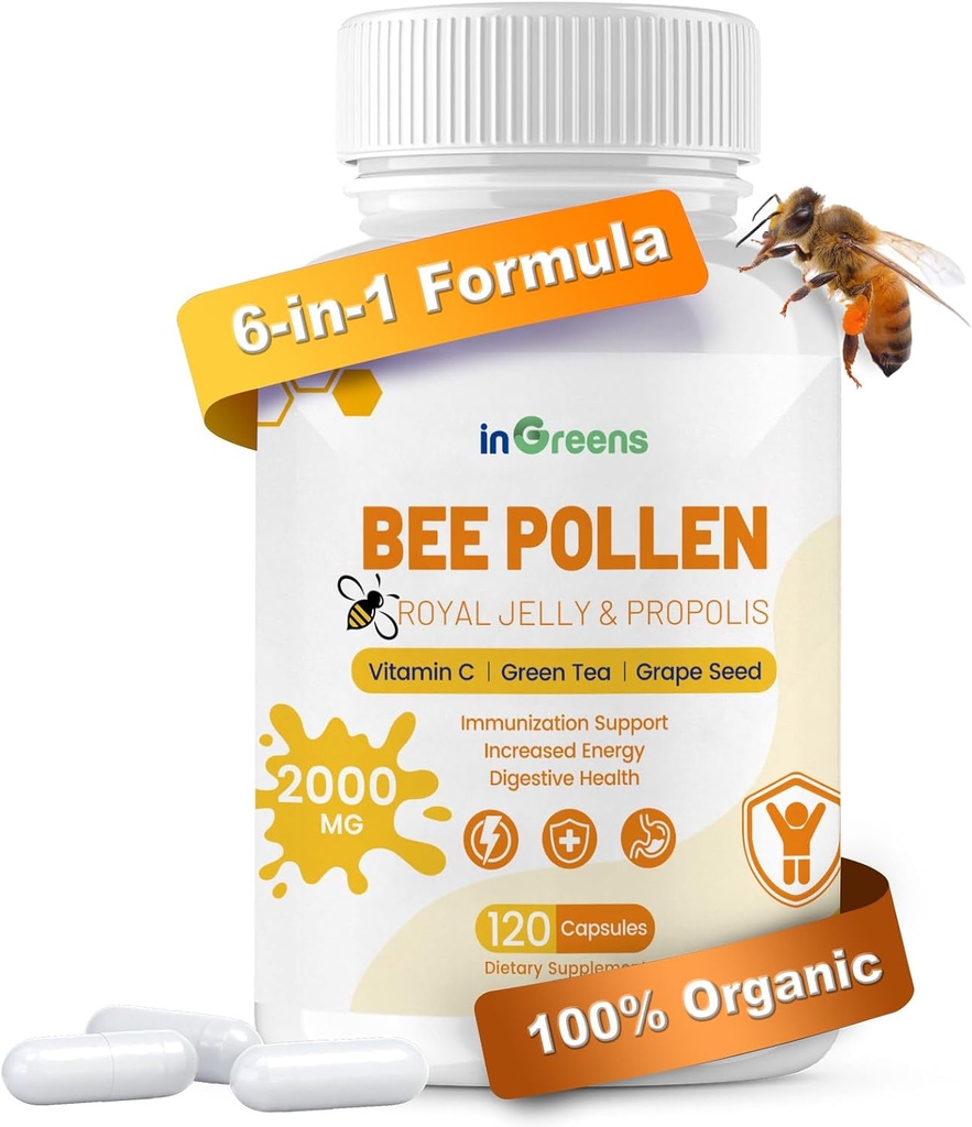 Supplément de pollinisation de l'abeille 6-en-1, pollinisation de l'abeille pour les femmes et les hommes, soutien immunitaire et énergétique, non-OGM, fabriqué aux États-Unis, 120 capsules