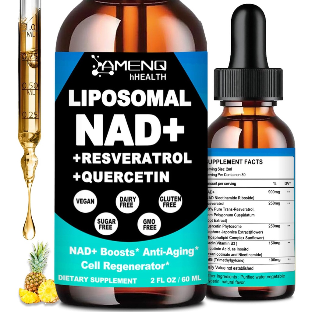 Supplément NAD, Liposomique Supplément NAD Nicotinamide Riboside Résvératrol 900mg Quercetion, TMG, Vitamine B3, Supplément liquide NAD Plus de haute puissance pour régénérateur cellulaire, Longévité, Énergie, Anti-Age, Focus