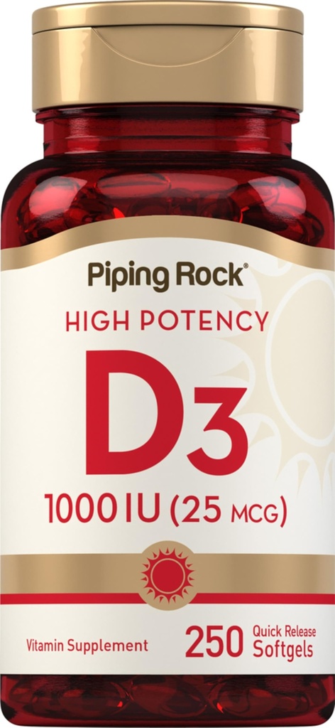 Piping Rock Vitamin D3 1000IU | Hohe Potenz (25 mcg) | 250 Softgels | Non-GMO, Glutenfreie Ergänzung