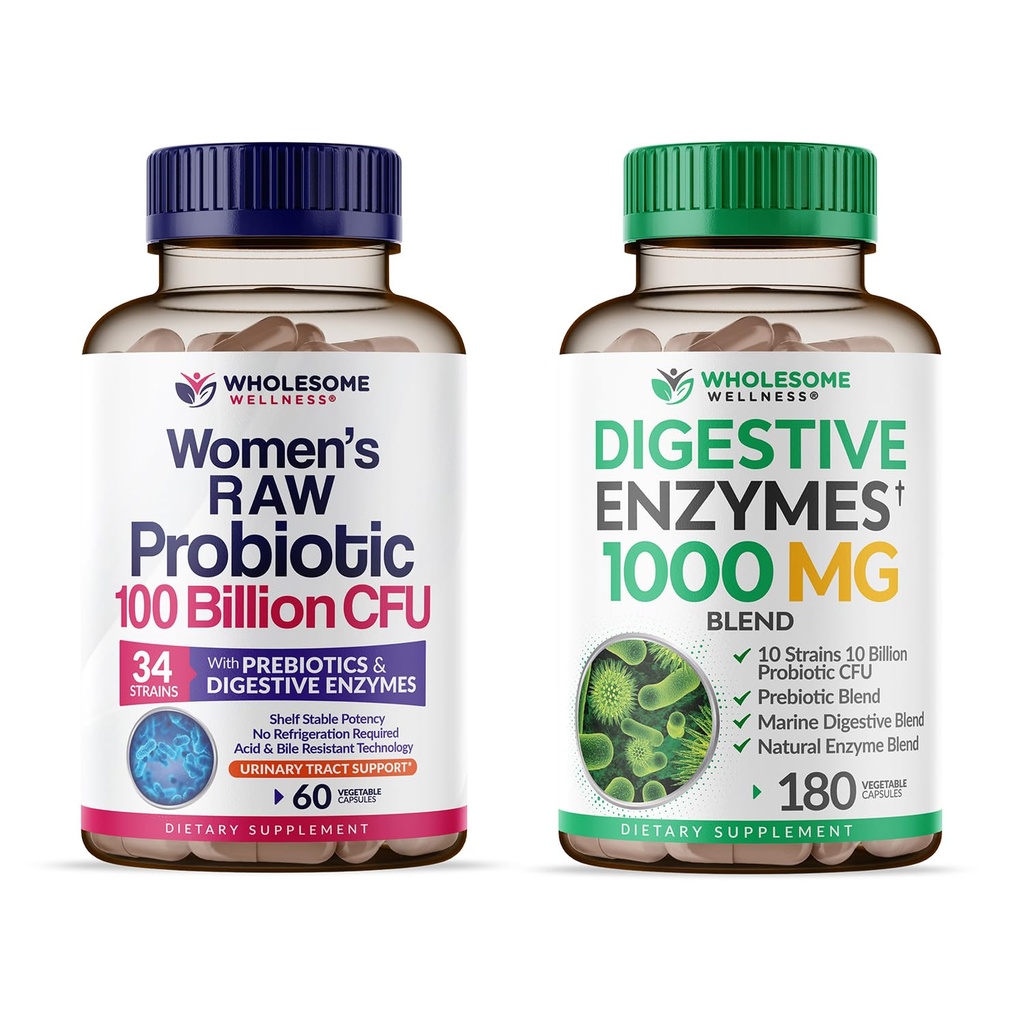 Ganzes Wellness Dr. Formulierte Rohprobiotika für Frauen 100 Milliarden CFUs + Verdauungsenzyme 1000MG Plus Präbiotika & Probiotika Supplement Bundle