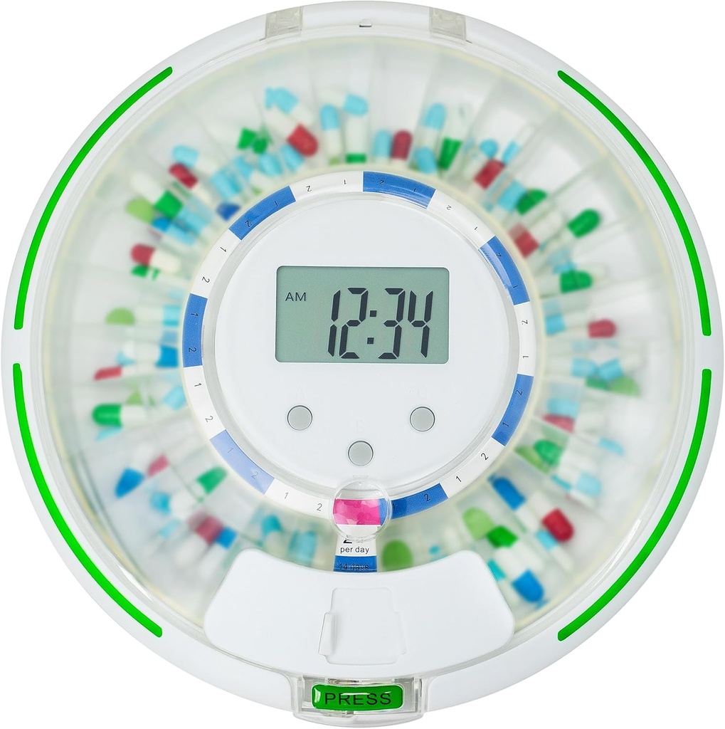 Automatic Pill Dispenser，Lock 28-Day Medication Organizer, Up to 6 Doses Per Day, 6 Dosage Templates, Sound & Light Alerts & Key for Vitamins, Supplements (Frosted Lid)