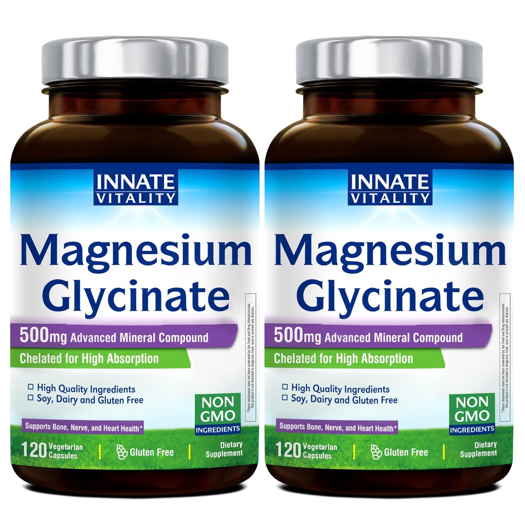 Innate Vitality Magnesium Glycinate 500mg | 70mg Elemental Magnesium Supplement - High Absorption, Non Buffered, Non-GMO & No Gluten - Vegan - Nerve Health - 120 Capsules (Pack of 2)