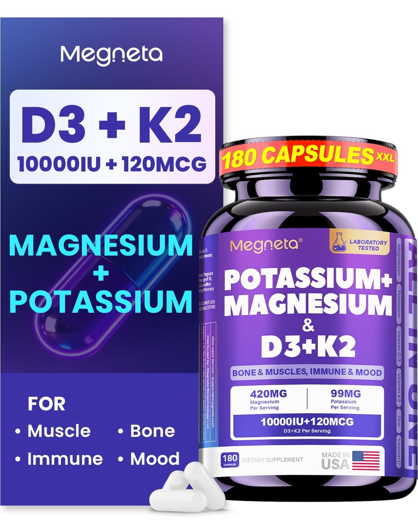 Magnesium Glycinate Potassium with Vitamin D3 10000 IU K2 MK-7, High-Potency Synergistic Complex for Bone, Immune Health, Mood Balance & Energy Support, 180 Capsules