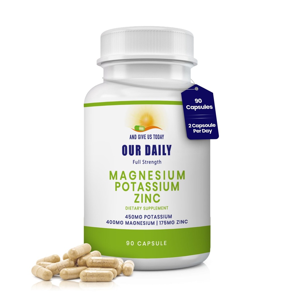 Our Daily Vites, Potassium Magnesium Supplement w/Zinc 1025mg – 90 Capsules – Supports Leg Cramps, Muscle Recovery & Bone Health – High Absorption Electrolyte Formula – Non-GMO, Gluten Free