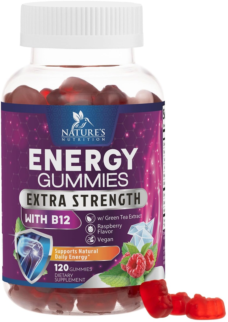 Gommies d'énergie 1000mcg - avec vitamine B12, soutien de caféine naturelle de thé vert, Gommies d'énergie quotidienne - Delicious Berry Flavor B12 Supplément d'exercice à croquer pour la course à vélo et les sports - 120 Chews