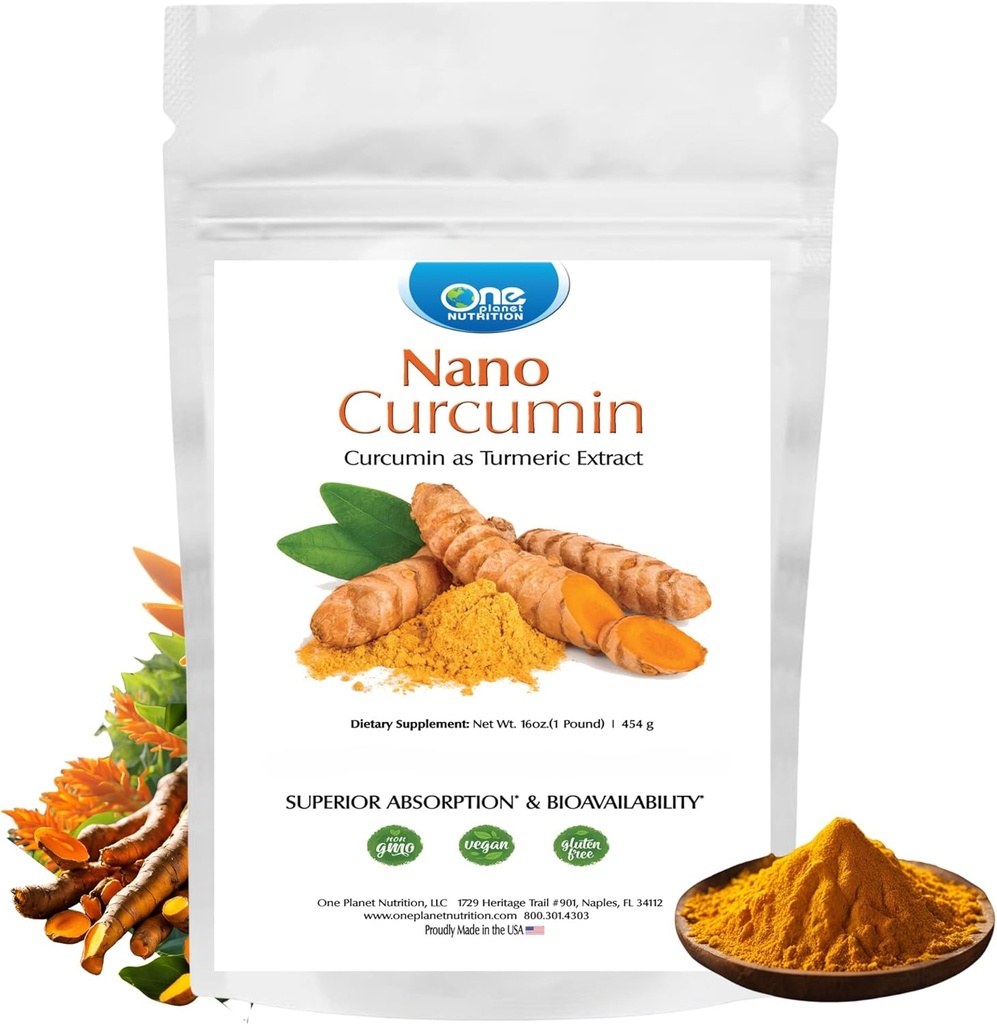 One Planet Nutrition Nano Curcumin Powder 16 oz (454 Servierungen), Reiner Kurkumaextrakt, Maximale Absorption für verbesserte Curcumin Vorteile, Non-GMO, Vegan, Gluten-Free.