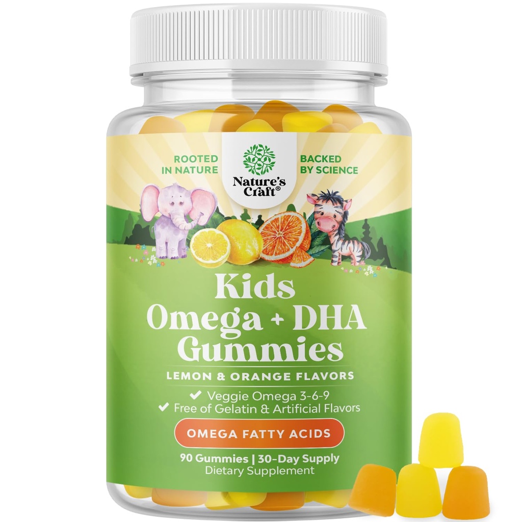Enfants DHA Omega 3 Gummies pour enfants - Delicious Fish Free DHA Omega 3 Gummies avec Végétarien 6 9 pour Vision Cerveau et immunité - Supplément sans OGM Poisson et sans gluten 1 mois