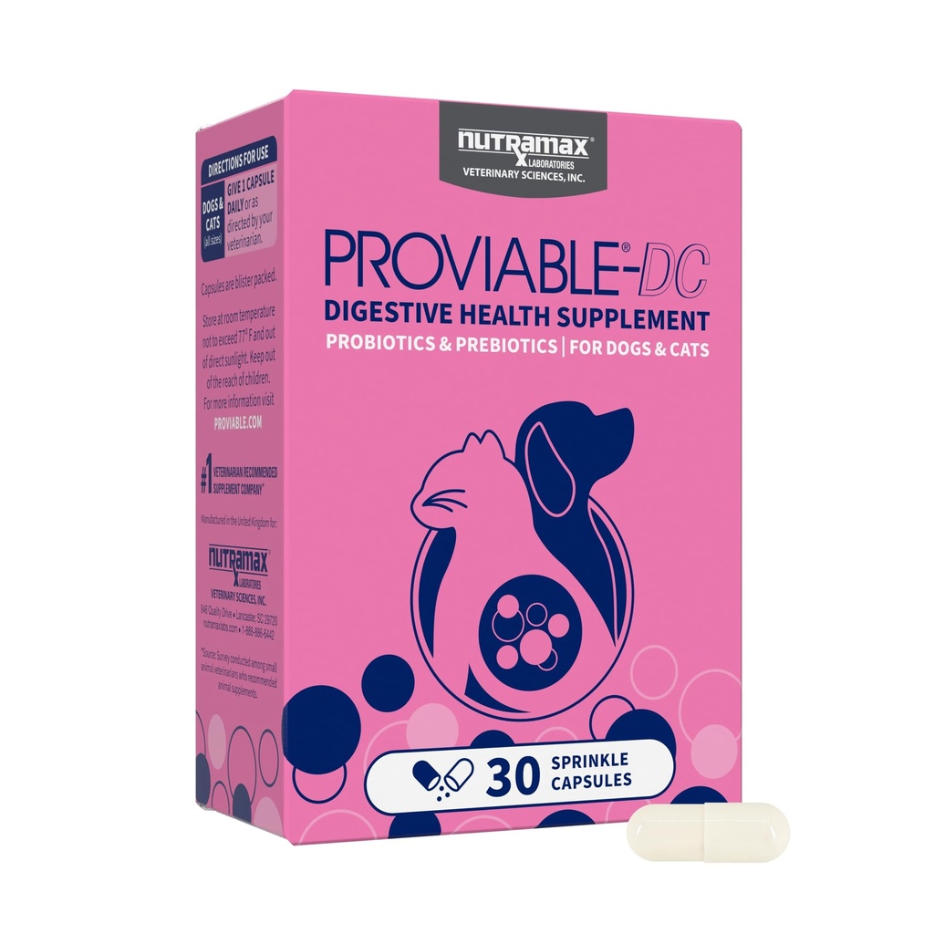 Nutramax Proviable Probiotics für Hunde und Katzen, Tägliche Verdauungs-Gesundheitsergänzung mit mehreren Strainen von Bakterien, Katze und Hund Probiotics Plus Prebiotics, 30 Kapseln
