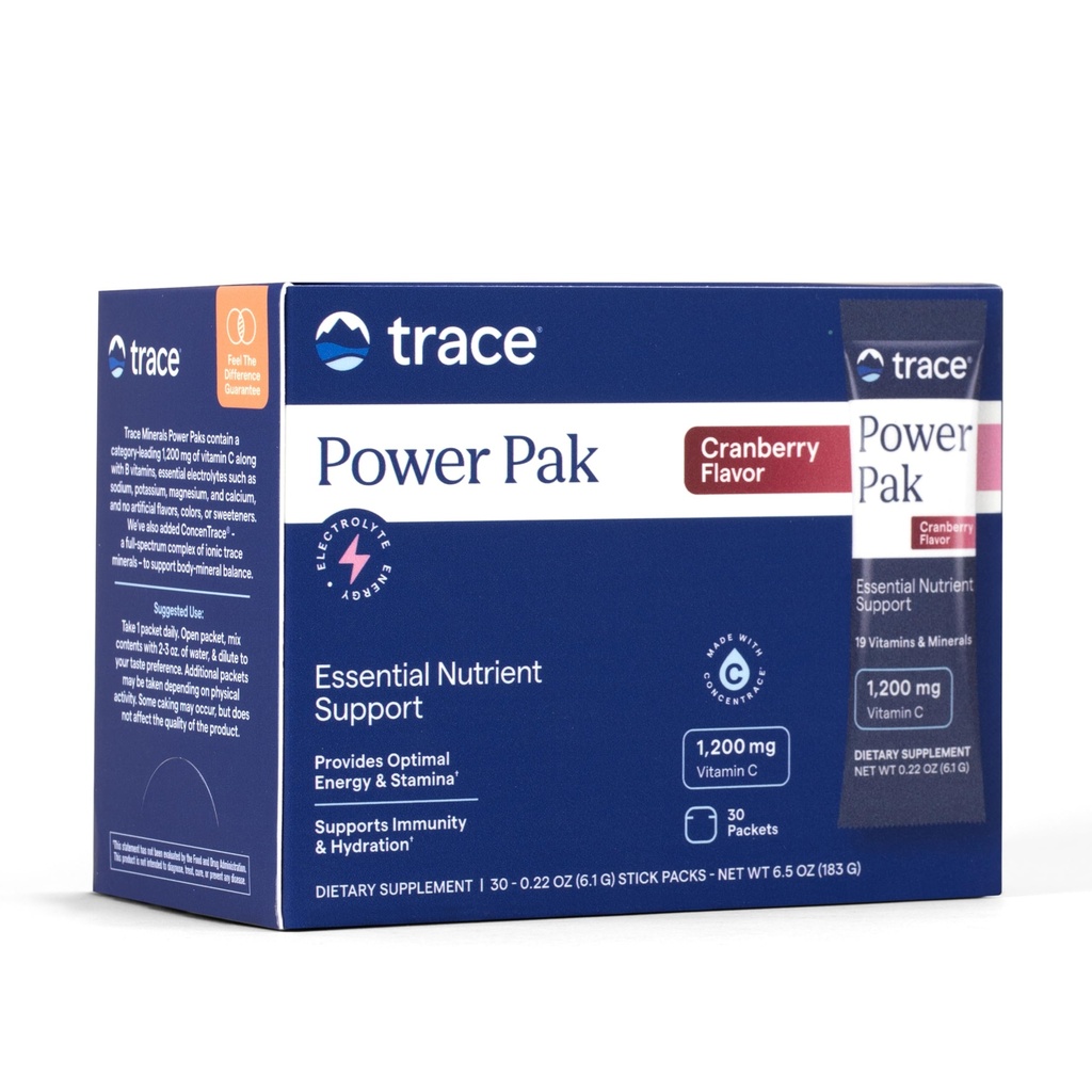 Trace Minerals Power Pak Multivitamin and Multimineral Packets - Soutien électrolyte - 1200 mg Vitamine C plus 70+ Trace Minerals - Cranberry Flavor - 30 Packets