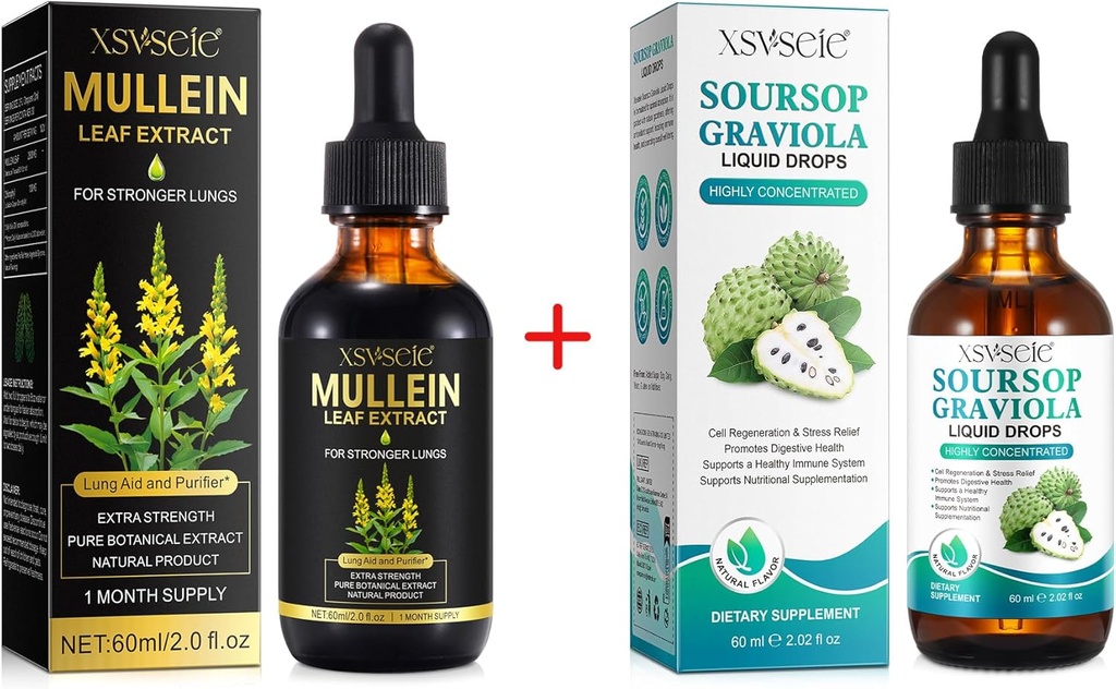 Mullein Tropfen für Lunge Cleans und Soursop Bitters Liquid,Mullein Blatt Extrakt Tinktur mit Chlorophyll,Soursop Multivitamin Tropfen,Natürliche Kräuterergänzung für Männer und Frauen