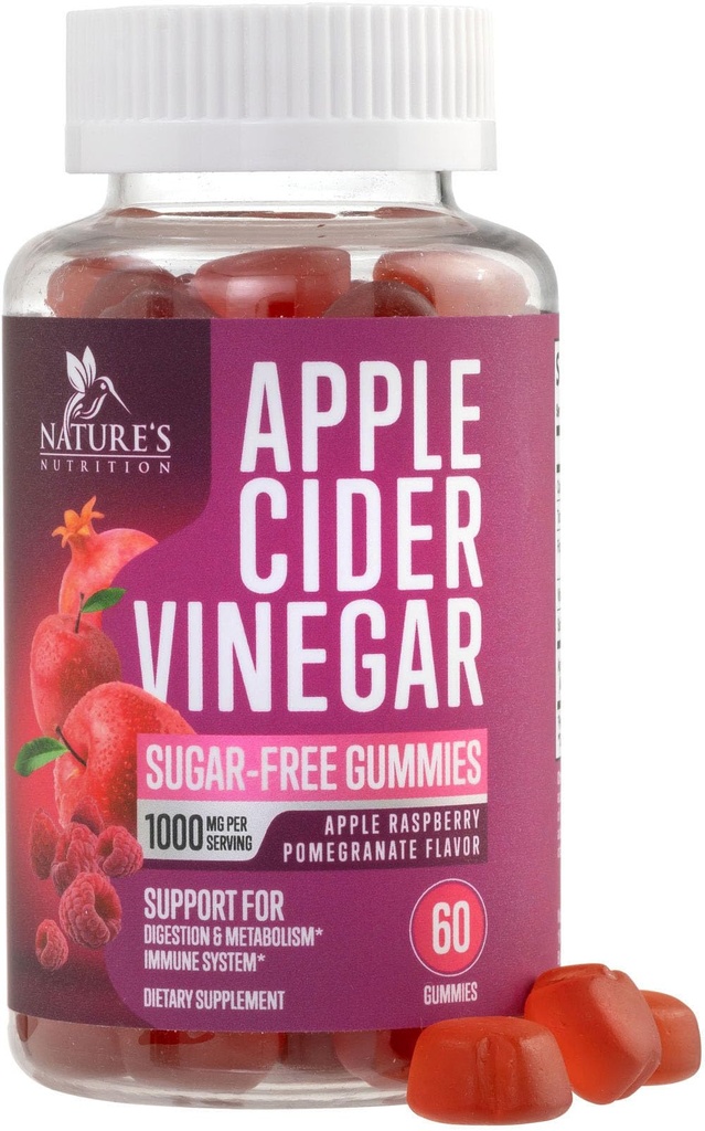 Gommies de vinaigre de cidre de pomme 1000mg par portion - Sans sucre Max Strength supplément de vitamine Gommy de vinaigre, formule avancée, vitamine B12 soutient le métabolisme et l'énergie, Keto Friendly, Vegan, 60 Gommies