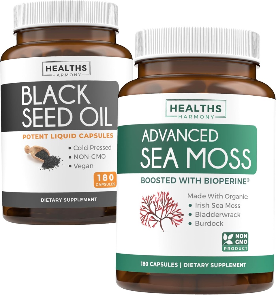 Black Seed Oil & Irish Sea Moss (3-Monats-Versorgung) - Power Duo Bundle of Black Seed Oil (180 Kapseln) Cold-Pressed Nigella Sativa & Irish Sea Moss (180 Kapseln) mit Bioperine und Bladderwrack