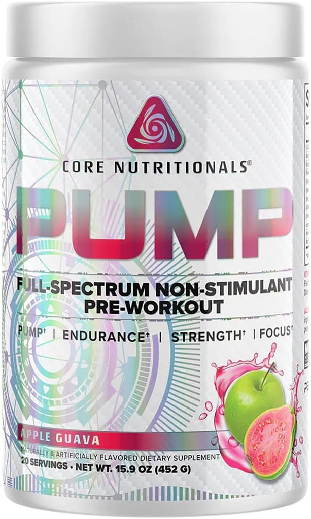 Pré-entraînement de la pompe de nutrition de base sans stimulant, avec nitrate N03T, pic02, alpha GPC, pour la pompe maximale, la force et la performance 20 portions (Apple Guava)