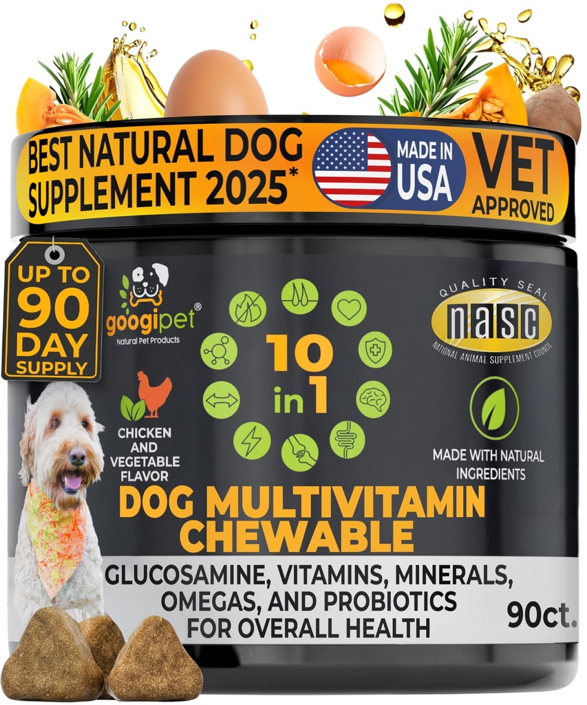Googipet Premium 10 in 1 Hund Vitamine Multivitamin Kaubar mit Probiotika für Gut Gesundheit, Hunde Vitamine und Ergänzungen w/Vitamin C & Glucosamin für Gelenkunterstützung (Hühner & Gemüse Geschmack)