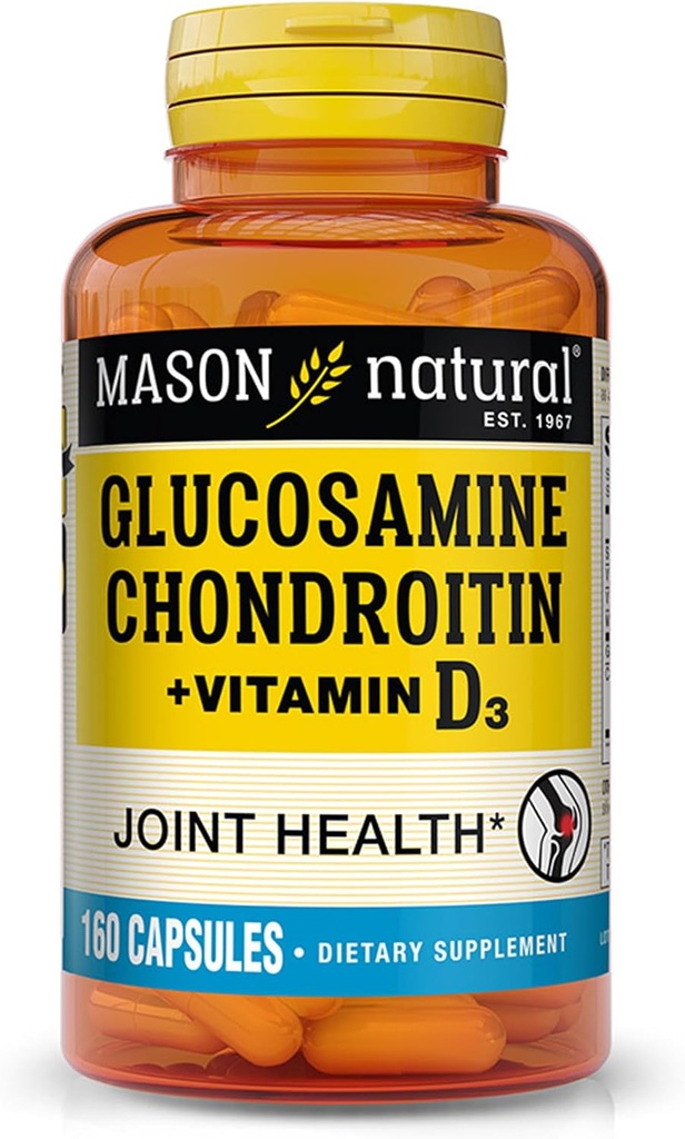 MASON NATURAL Glucosamine Chondroïtine Plus Vitamine D3 - Soutient la santé des articulations et des os, l'amélioration de la mobilité et de la flexibilité, 160 capsules