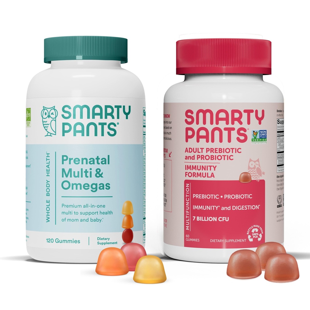 SmartyPants Multivitamines prénatales et ensemble d'immunité probiotique: Oméga 3 Huile de poisson (EPA/DHA), Biotine, Méthylfolate, Vitamine D3, C, Supplément de soutien digestif et immunitaire (30 jours)