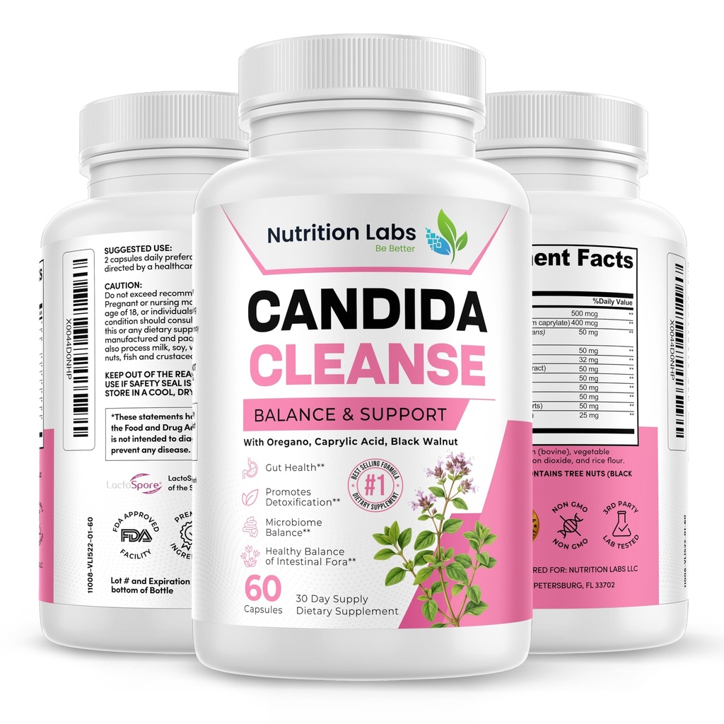 Candida Cleanse Supplement für Balance & Support, Candidase Detox, Women & Men. Gut Health & Flora, pH-Wert, Darmgesundheit. Lactospore® Probiotics. Antihefe-Überwuchs W/ Oregano, Caprylsäure