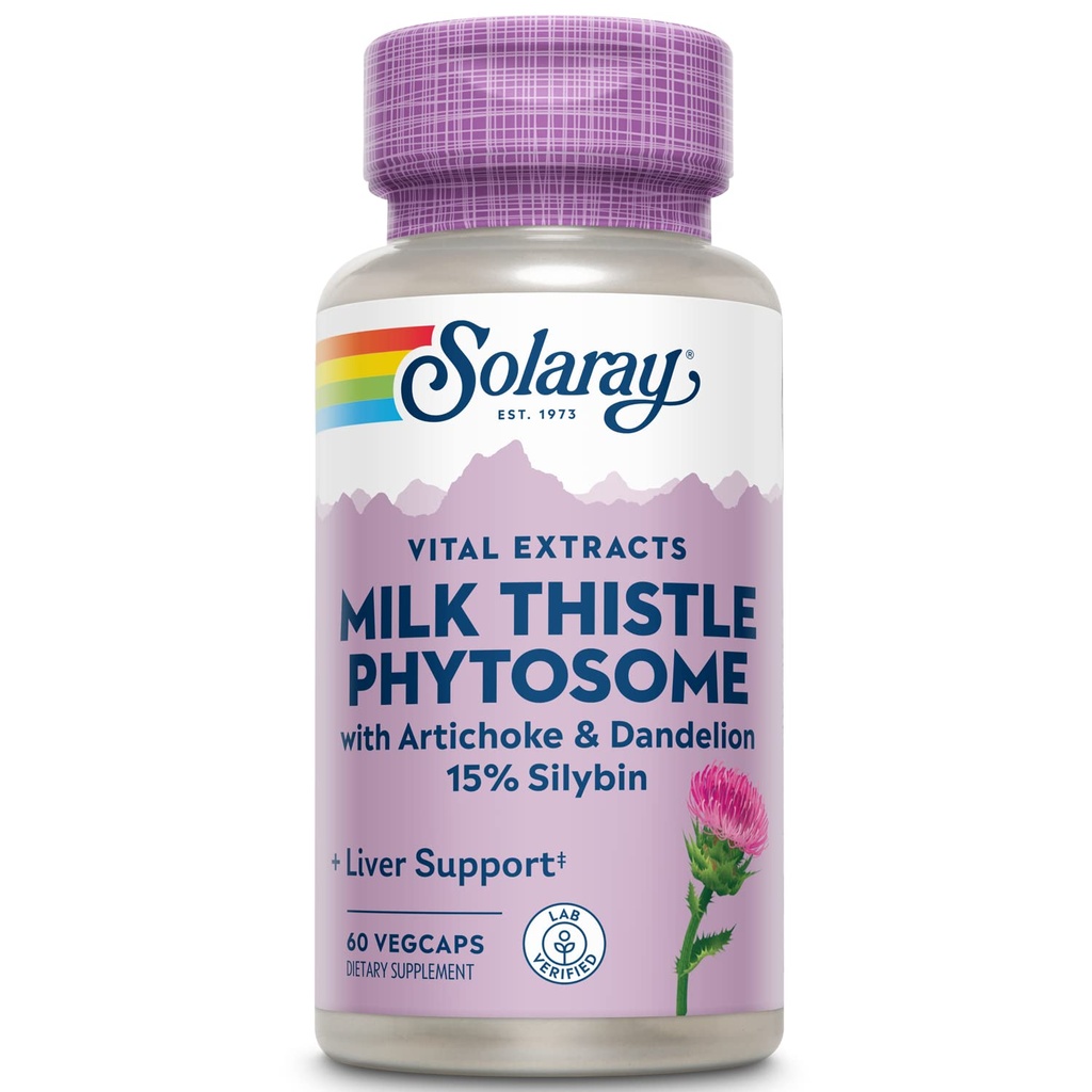 Solariay Thistle de lait Phytosome avec artichaut, dandelion et gingembre - extrait de chardon de lait fournissant 15% de silybine - supplément hépatique - garantie de 60 jours, labo vérifié - 60 portions, 60 VegCaps
