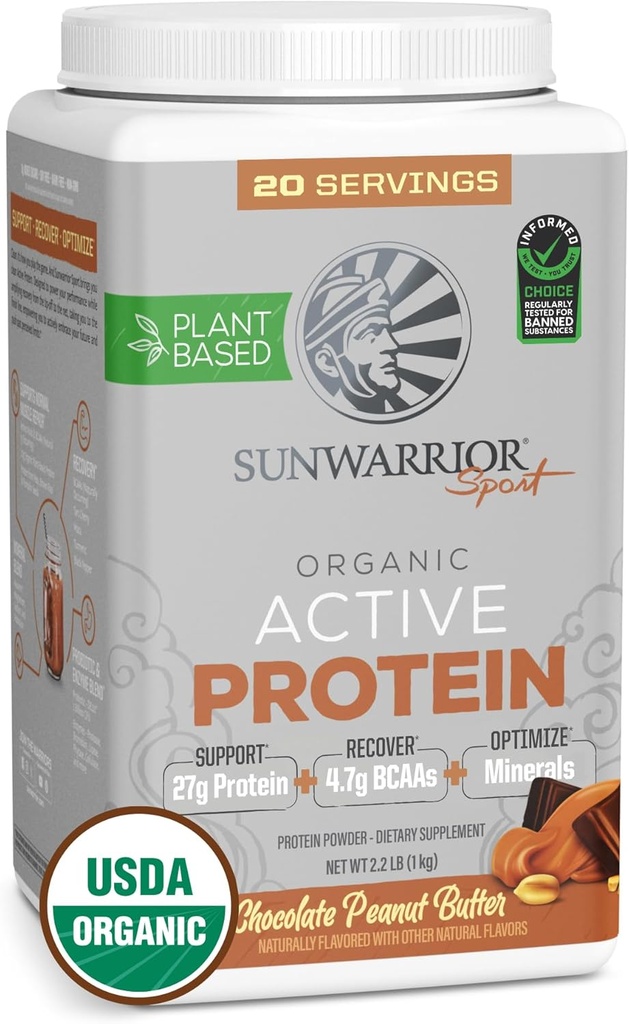 Sunwarrior Organic Plant Based Protein Powder | Vegan Organic Protein Powder with BCAAs Plus Recovery Minerals & Botanicals | Non-GMO Soy Dairy & Gluten Free (Chocolate Peanut Butter, 20 Portionen)