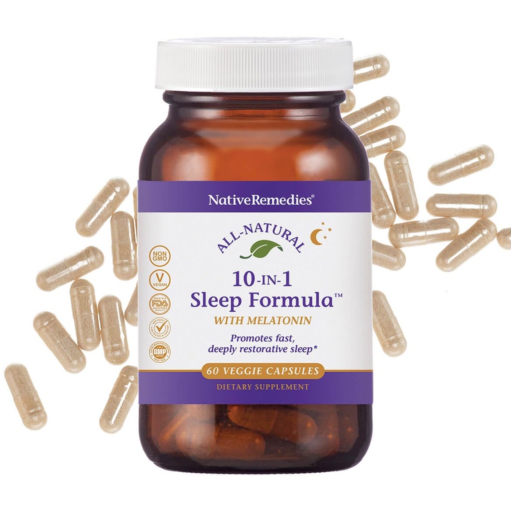 Remédie à l'aide naturelle au sommeil 10-en-1 pour les adultes et les enfants 4+ – Supplément de sommeil à base de plantes avec la mélatonine 5mg, Magnésium, racine valériane, Camomille et L-Tryptophane – Forme non-habitante, Vegan, 60 Capsules