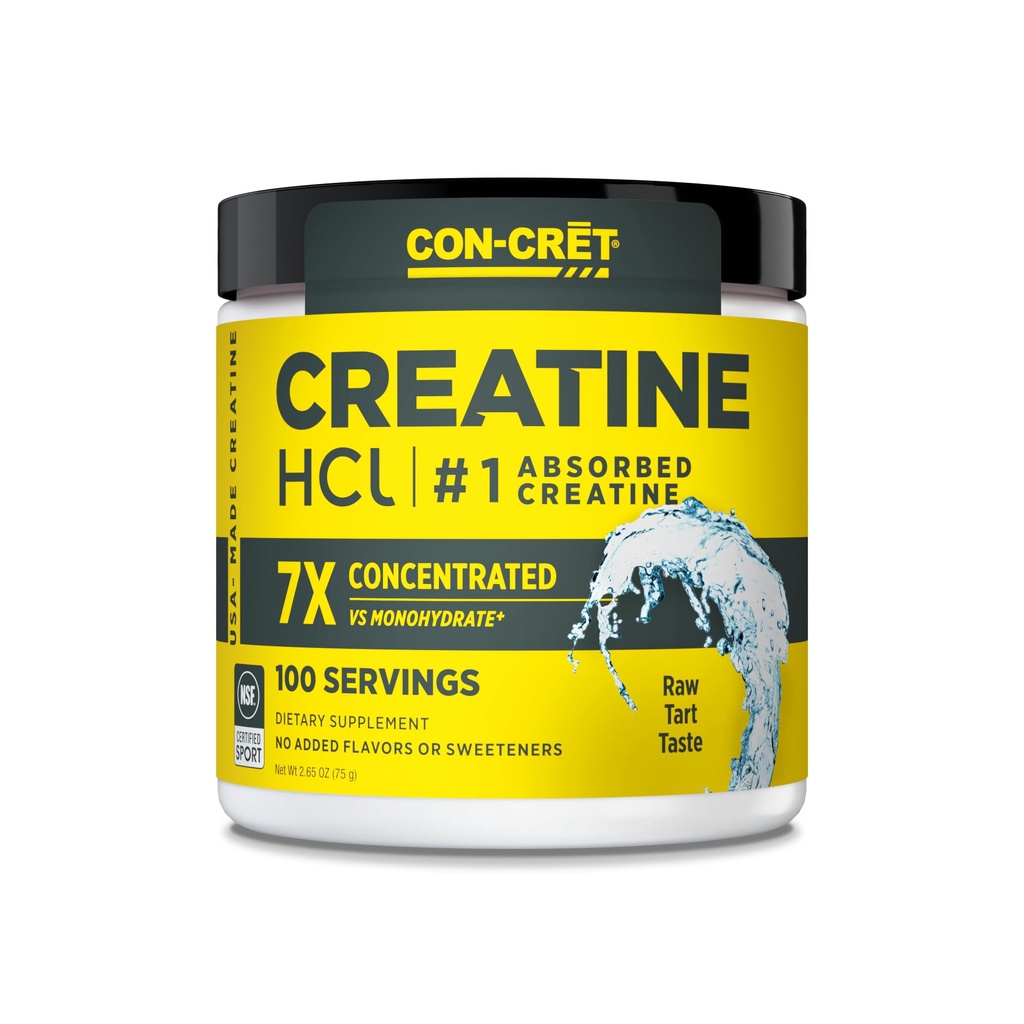 CON-CRET Creatine Powder HCl , Muscle, Cognitif, Cellular Energy Support , Pas de bloating ou de crampes , USA Made & NSF Certifié , Sans saveur (100 serving)