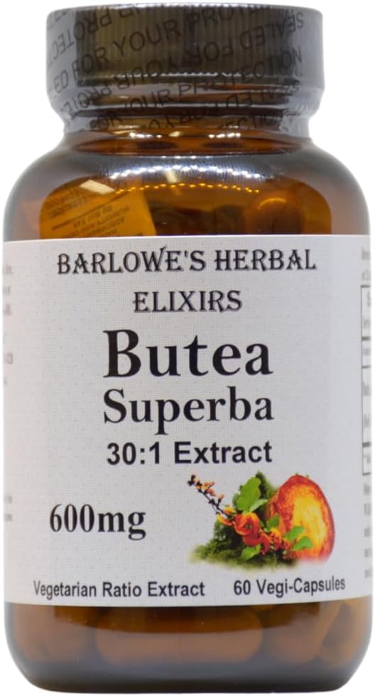 Barlowe's Kräuter Elixier Butea Superba Extrakt 30:1 | 600mg pro Kapsel | Thai Male Vitality Herb | 60 Vegan Kapseln | High Flavonoid Inhalt | Stearate-Free, Glass Bottled