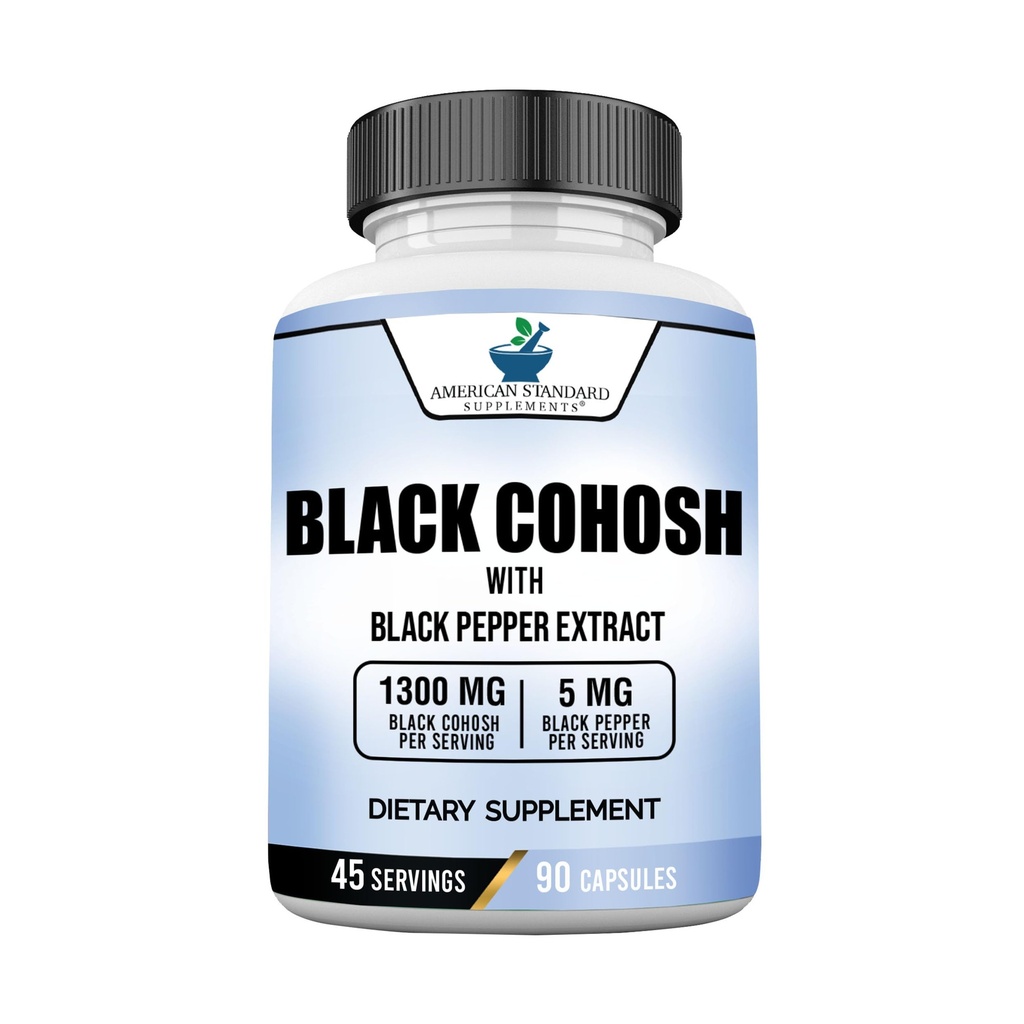 Suppléments standard américains Cohosh noir 1300mg par portion avec extrait de poivre noir - végétalien, sans gluten, non-OGM, 90 capsules, 45 portions