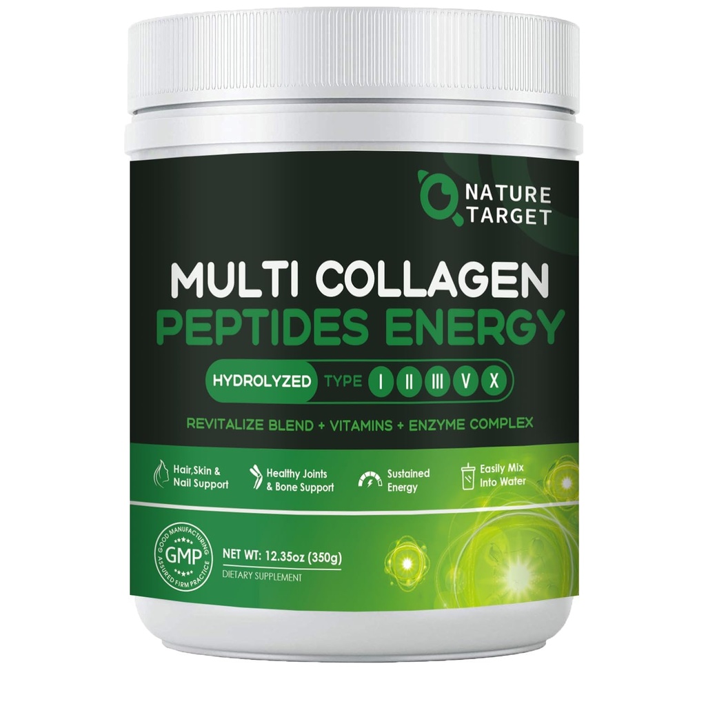 NATURE TARGET Multi-Collagen-Peptides-Powder - Hydrolysiertes Kollagen mit Energy Blend + Multivitamin & Minerals, unterstützt Energy Skin Hair Nail & Joint, Non-GMO, 35 Portionen