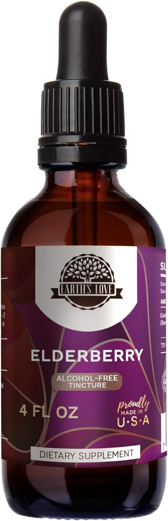 Earth's Love - Elderberry Alcohol-Free Kräuterextrakt Tinktur, Super-Concentrated Elderberry (Sambucus Nigra) Getrocknete Berry (4 Fl Oz)