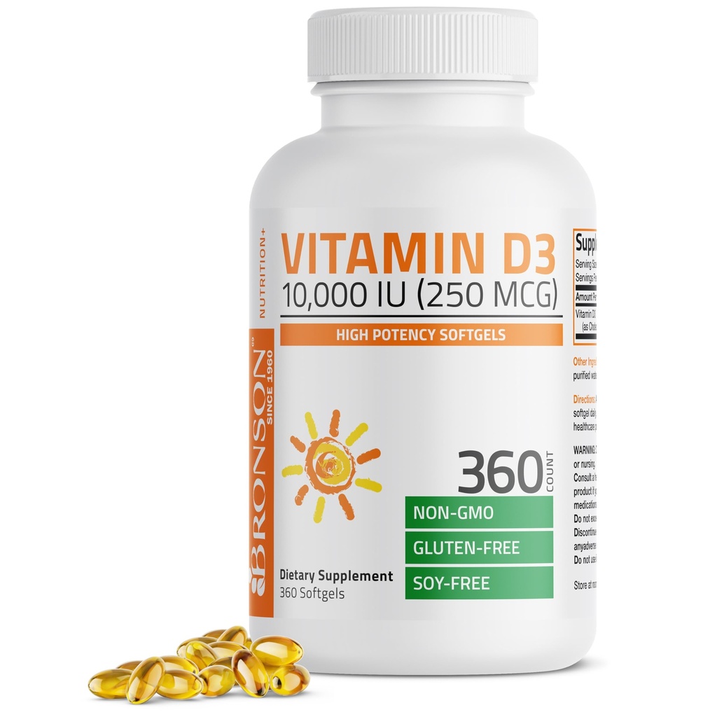 Bronson Vitamin D3 10.000 IU (250 mcg) Hohe Potenz - Unterstützt gesundes Immunsystem, starke Knochen, Muskeln & Zähne - Non GMO, 360 Softgels