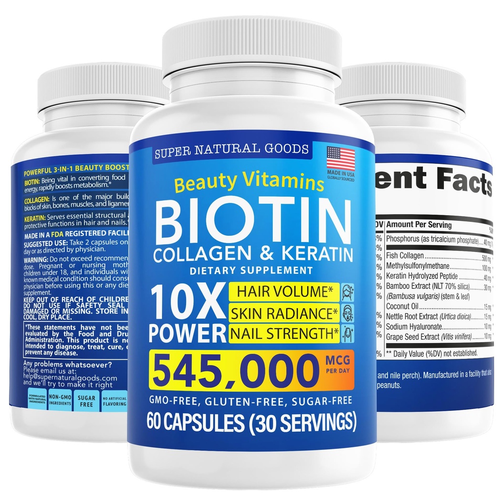 Biotine et vitamines collagènes + kératine avec folate - Traitements de perte de cheveux pour les femmes et les hommes - Suppléments folliculaires, cutanés et ongles pour la croissance des cheveux et le soutien postpartum - sans OGM et sans gluten (60 capsules)
