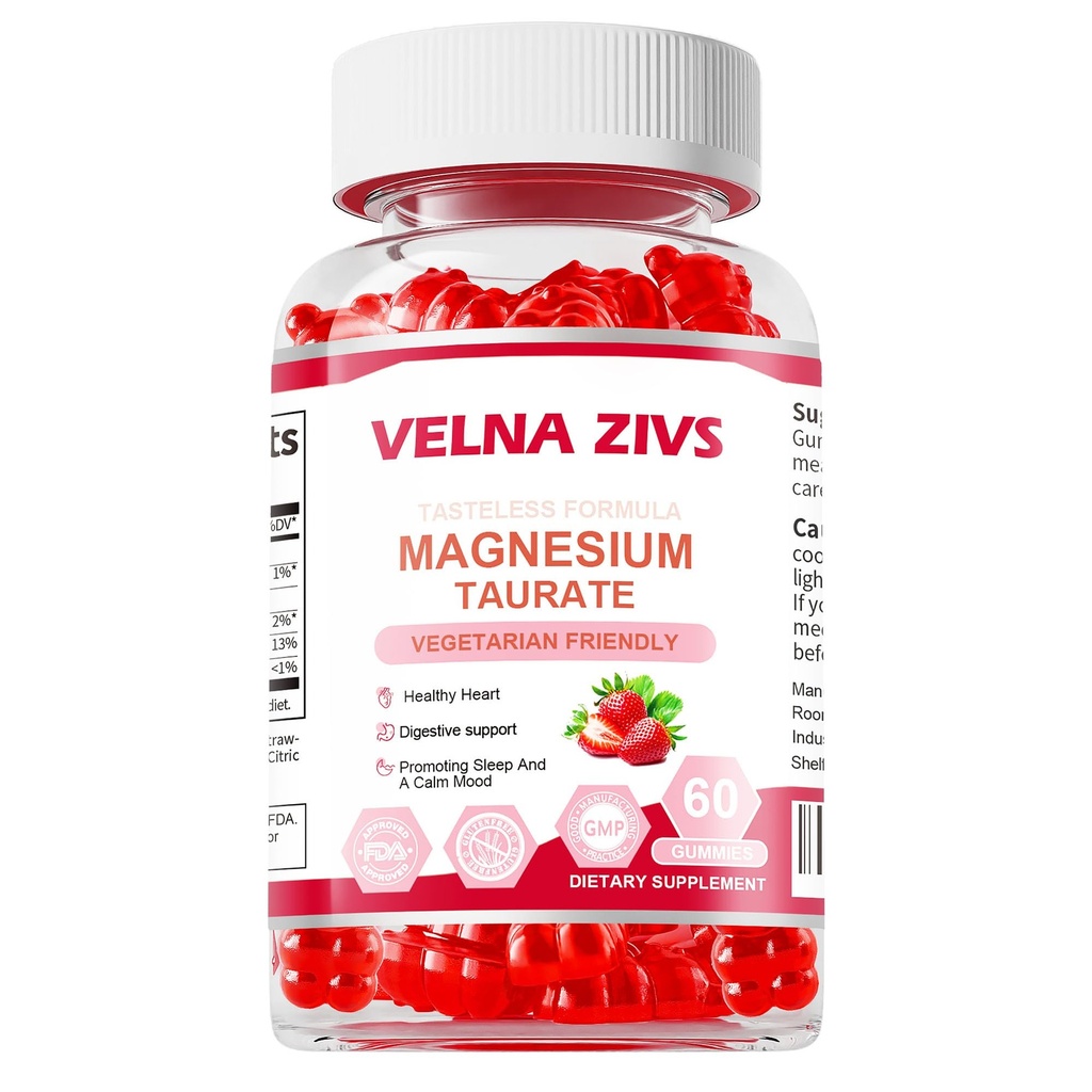 Magnésium Taurate Gummies 1800mg, Supplément Magnésium Taurate, Haute Absorption et mâcheable pour les enfants et les adultes, Soutien de la santé musculaire et cardiaque, Vegan, Sans gluten, 60 comtes