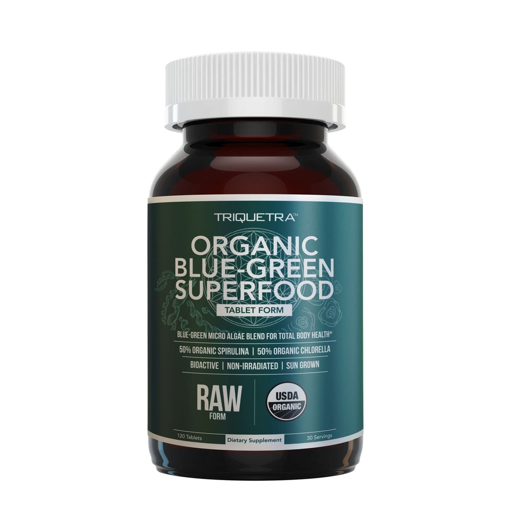 Bio-Spirulina & Chlorella-Tabletten - 4 Bio-Zertifizierungen, roh, nicht bestrahlt - 50/50 Blue Green Algen Blend - Antioxidansgehalt gleich 5 Portionen Gemüse (120 Tabletten)