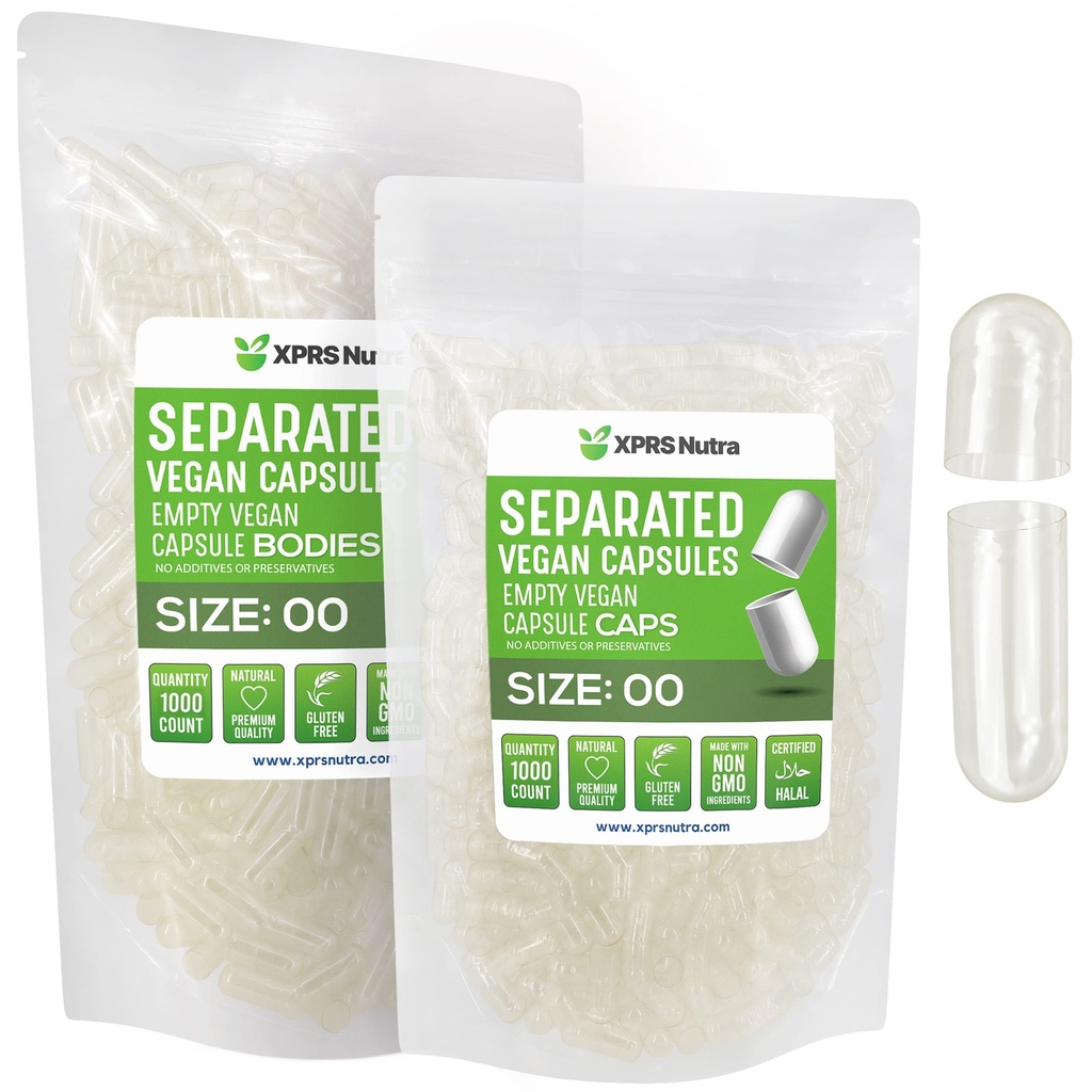 XPRS Nutra Vegan Taille 00 Capsules séparées - 1000 Compte Capsules vides Premium Séparées dans des sacs - Effacer Vide 00 Pills pour le remplissage de supplément de bricolage
