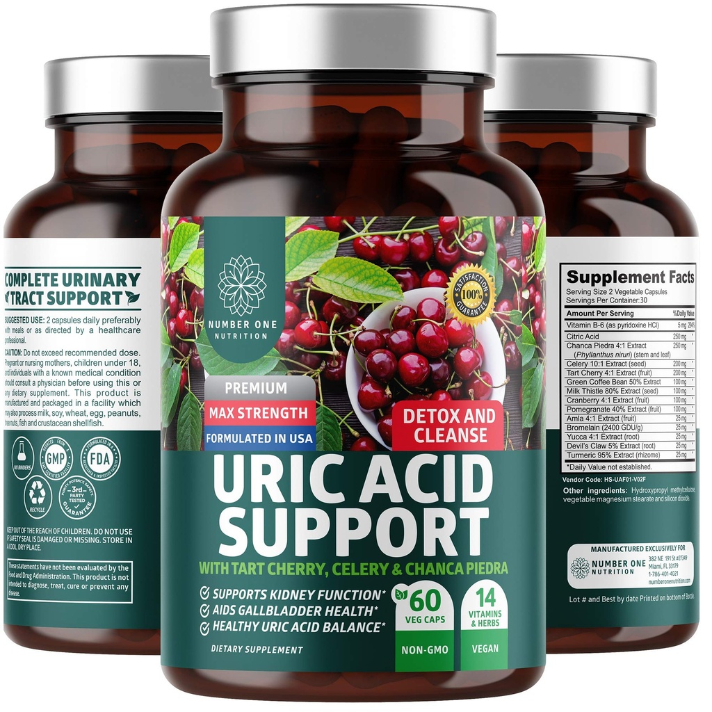 N1N Premium Uric Acid Support Supplement [14X Potent Herbs] Nettoyer le rein naturel et l'acide urique avec cerise de tart, chardon de lait, canneberge, celery, piédère de Chanca, 60 capsules de légumes