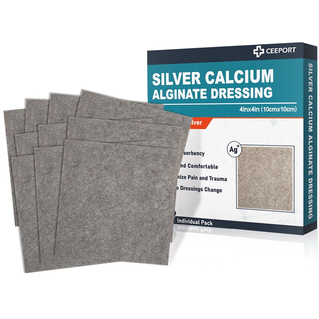 Ag Silber Kalzium Alginat Wound Dressing Pads, 4''x4''' Patches, 10 Individuelles Pack, weiche Silber Dressings für Wound Care, Sanfte hochabsorbierende Dressing, Non Stick Gauze Pads für Wounds