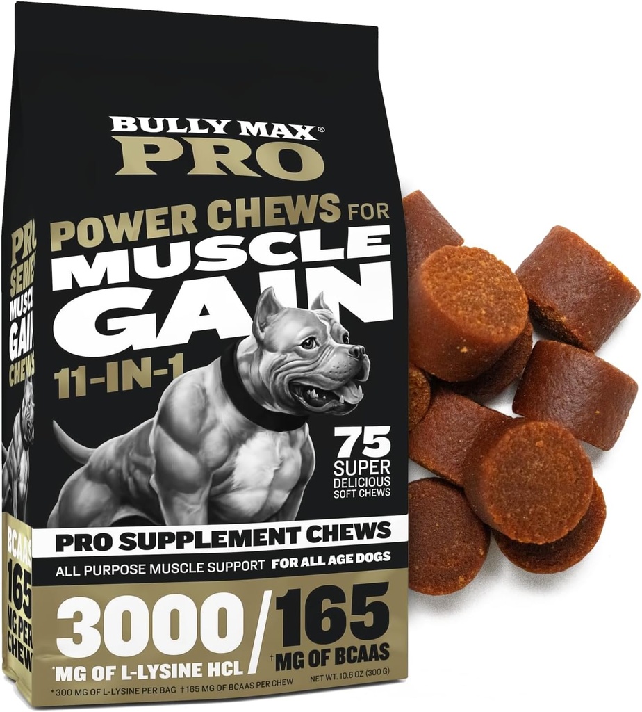 Bully Max 11-in-1 Muscle Gain Power Chews - High Protein Dog Supplement mit Aminosäuren - Gesunde Bäume für Welpen & Erwachsene Hunde - Premium Muscle Builder für alle Rassen - 75 Tasty Soft Dog Chews