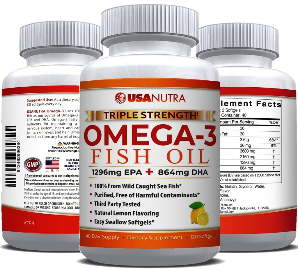 Omega 3 Supplément huile de poisson 3600mg avec EPA et DHA pour les femmes et les hommes soutient la santé articulaire, cérébrale et cardiaque 120 Softgels, 40 jours d'approvisionnement