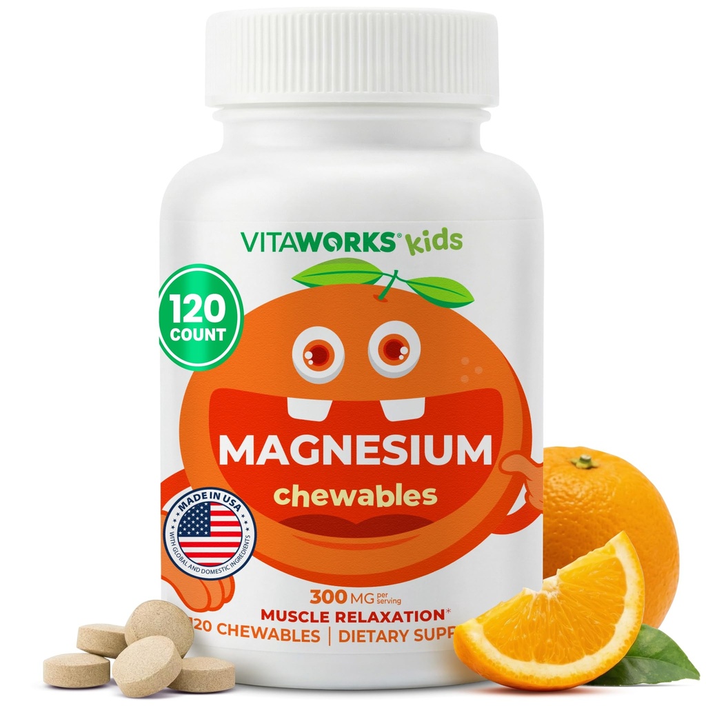 Kids Magnesium Chewable.com Great Tasting.com 300mg Magnesium Supplement Vegan, non OGM et sans gluten Magnésium Oxyde Supplément pour la fonction musculaire.com 120 Chewables.com Vitaworks