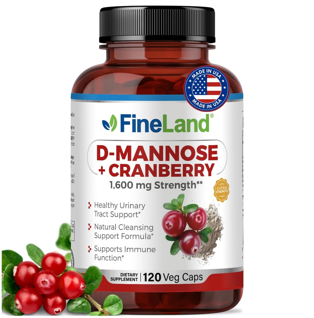 FineLand D-Mannose + canneberge – 1600mg par portion – 120 Capsules Vegan – Soutien de santé au trac urinaire et au vésicule – Non-OGM, sans gluten, fabriqué aux États-Unis