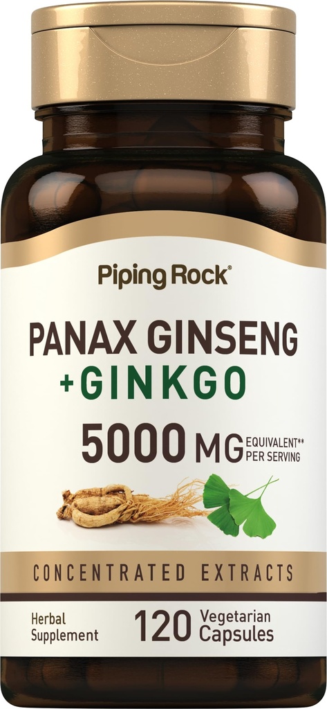 Piping Rock Panax Ginseng & Ginkgo Biloba Ergänzung | 5000 mg | 120 Kapseln | mit schwarzem Pfeffer Extrakt | Vegetarisch, Non-GMO und glutenfreie Ergänzung
