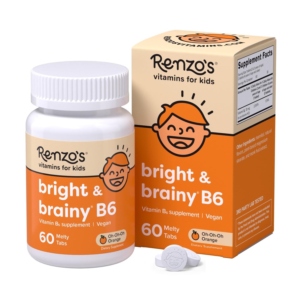 Renzo's Bright & Brainy Vitamin B6, lösende Kinder Vitamin B6, 60 Sugar-Free Melty Tabs, Oh Oh Orange Flavored