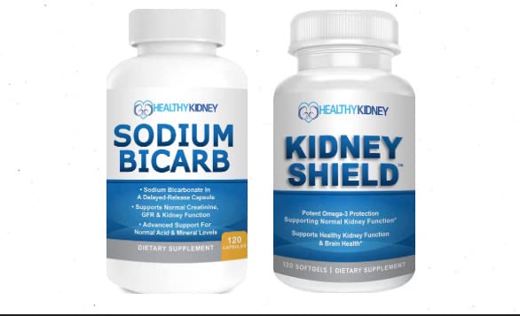 Bouclier rein Omega-3 Huile de poisson et de sodium Bicarbe 2 Pack Soutien Fonction normale du rein et niveaux d'acide