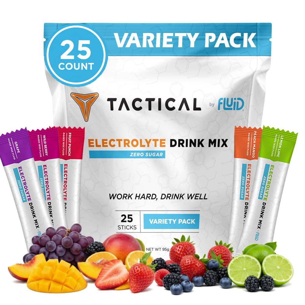Fluid Tactical - Zéro Sucre, poudre d'électrolyte kéto, emballages d'hydratation, fabriqués aux États-Unis (Variété, 25 comtes)