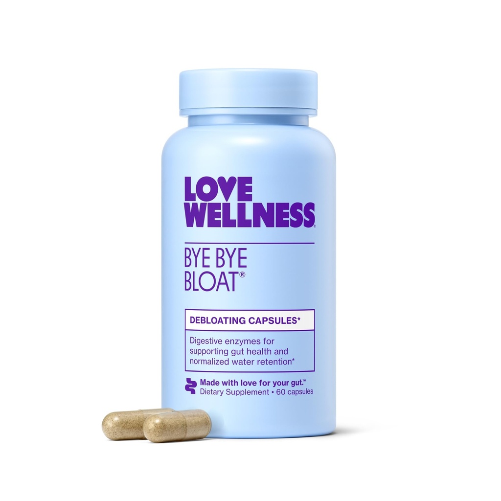 Liebe Wellness Bye Bye Bloat | Verdauungsenzyme für Fast Acting Bloating Relief für Frauen | Hilft, Wasserretention & Gas Relief | unterstützt Verdauungsgesundheit mit Fenugreek & Dandelion | 60 Count