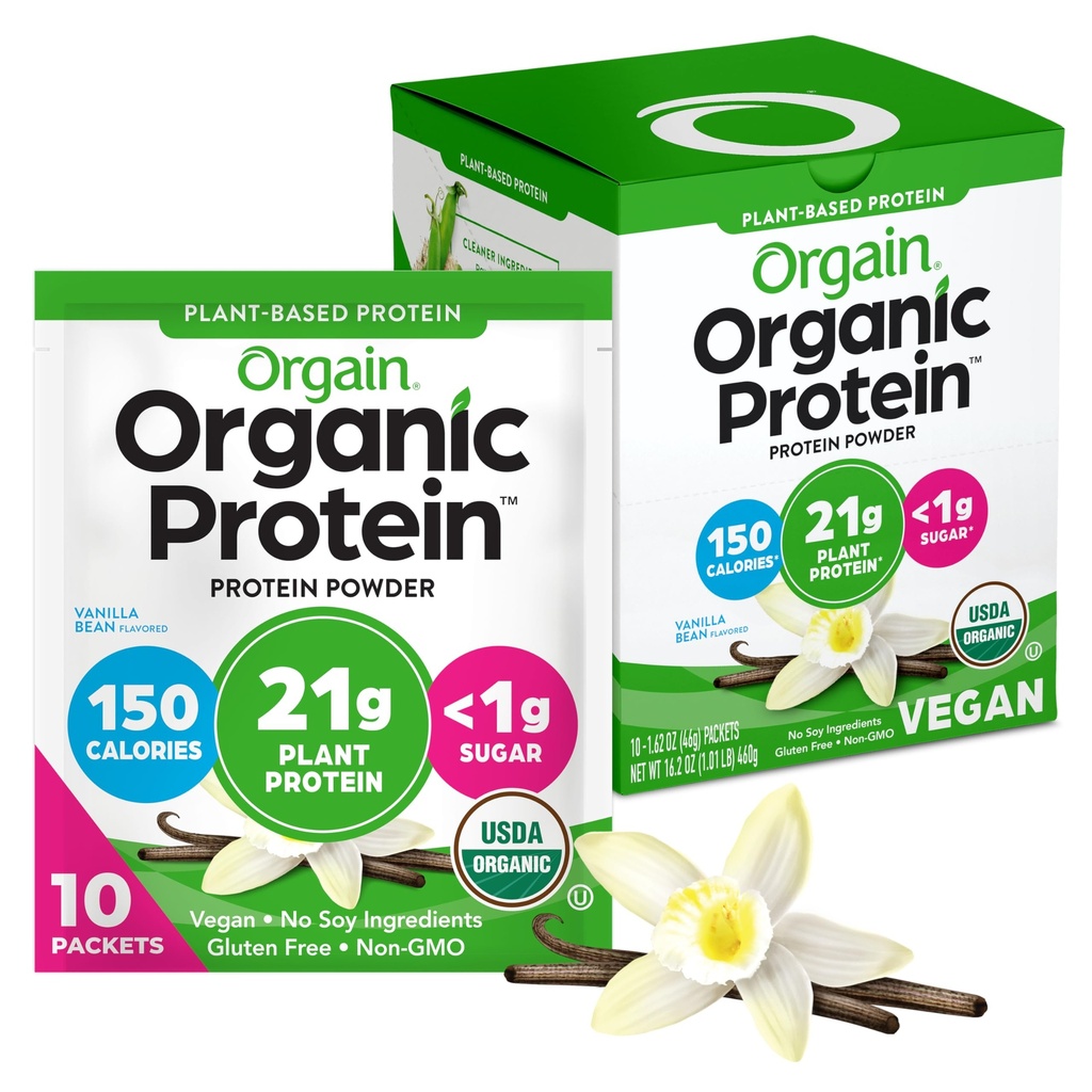 Orgain Organic Vegan Protein Powder, Vanilla Bean - 21g Pflanzenprotein, 5g Prebiotic Fiber, Low Carb, No Lactose Ingredients, No Added Sugar, Non-GMO, Für Shakes & Smoothies, 10 Travel Packs