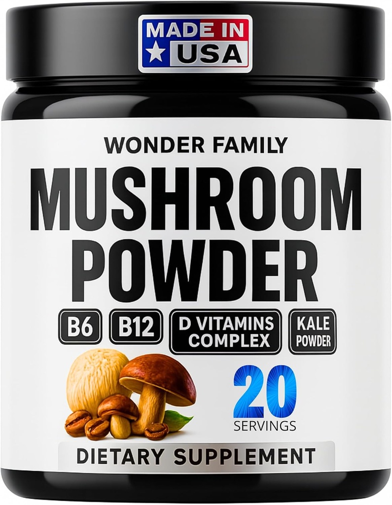 Instant Pilzpulver 10:1 – Cordyceps Pilzergänzung mit Reishi, Chaga & Shiitake – Koffeinfreies Nachtgetränk mit B6, B12, D + Probiotics Pilz Cacao Organic Blend (No Sweetener)